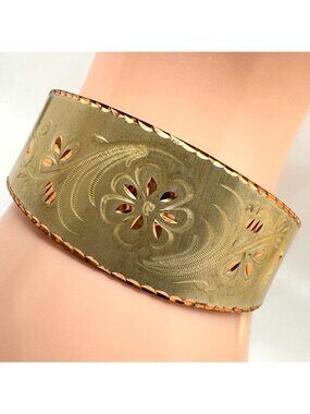 Brass Etched Cuff Bracelet Floral Design Copper 6.5" Circumference Adjustable